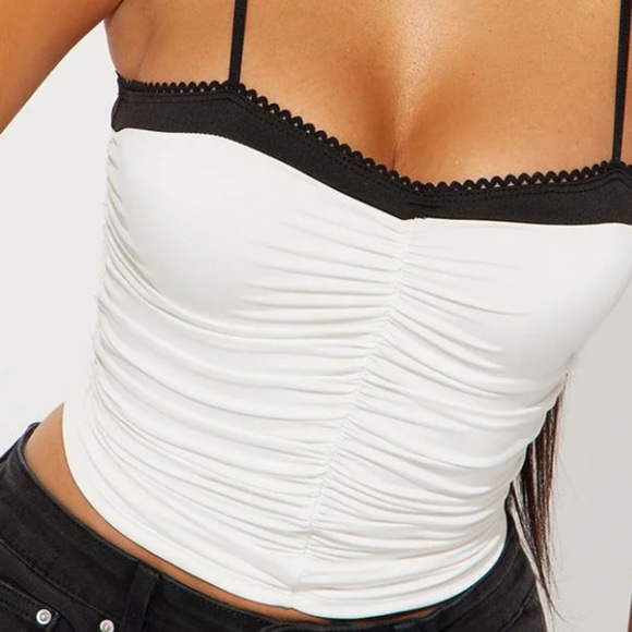 Spaghetti Strap Camisole w/ Lace Trim | FN Love Galore Ruched Tank Top White/Blk - Picture 4 of 9